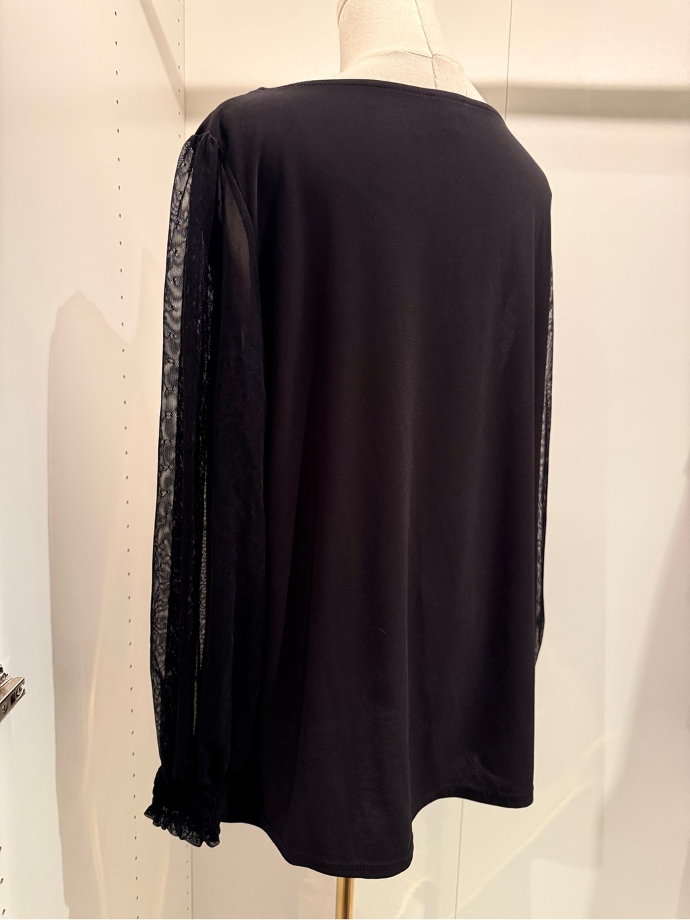 Black Boatneck Blouse with Sheer Lace Sleeves - Picture 4 of 7